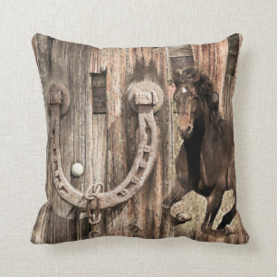 Rustic Horse Horseshoe on Barn Wood Throw Pillow