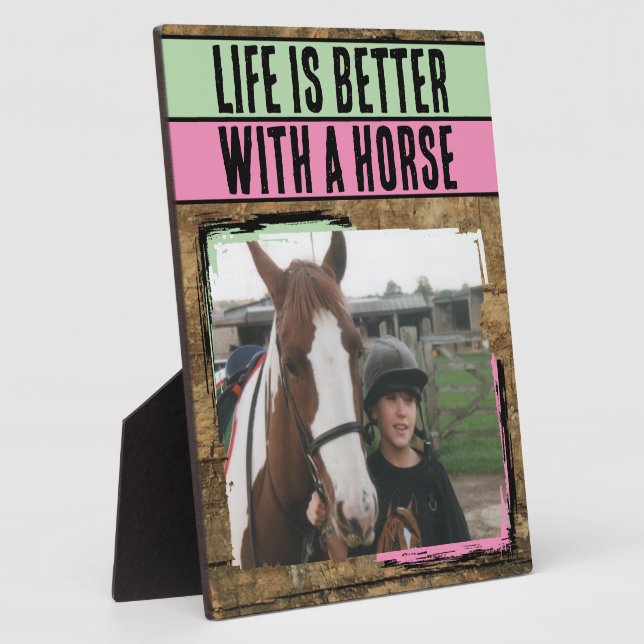 Rustic horse lover 1 photo pink green plaque (Side)