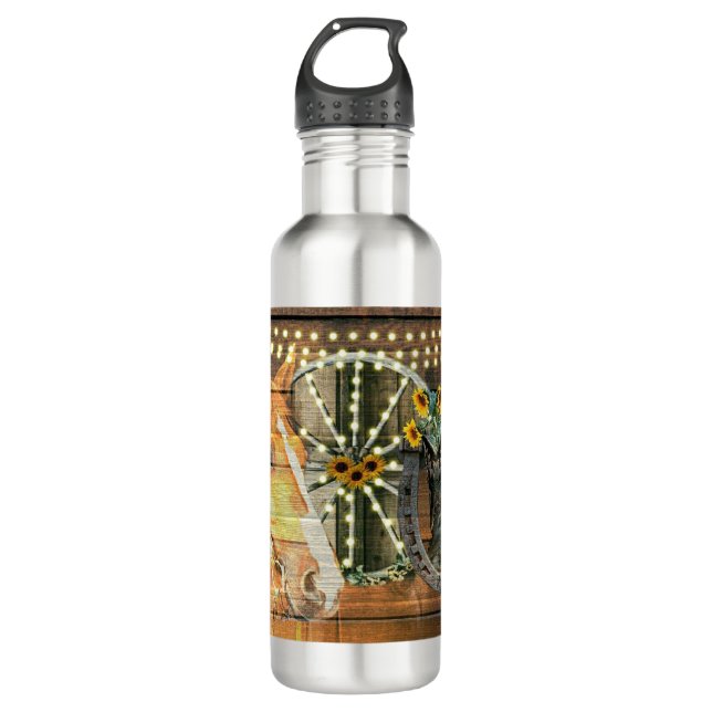 Rustic Horse Sunflowers Wagon Wheel Cowboy Boots 710 Ml Water Bottle (Front)