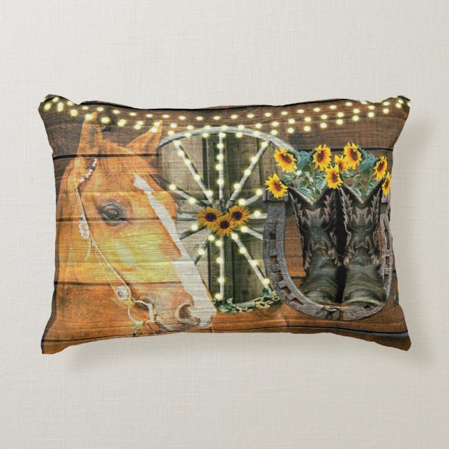 Rustic Horse Sunflowers Wagon Wheel Cowboy Boots Accent Pillow (Front)