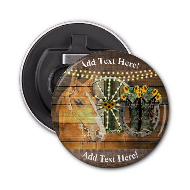 Rustic Horse Sunflowers Wagon Wheel Cowboy Boots Bottle Opener (Front)