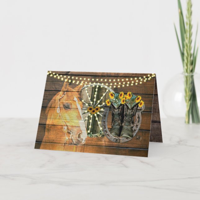 Rustic Horse Sunflowers Wagon Wheel Cowboy Boots Card (Front)