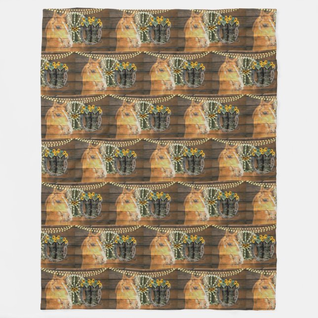 Rustic Horse Sunflowers Wagon Wheel Cowboy Boots Fleece Blanket (Front)