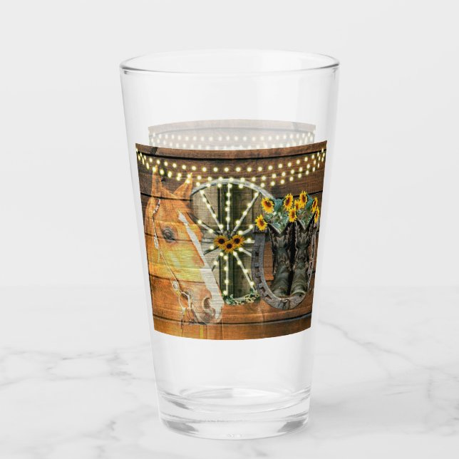 Rustic Horse Sunflowers Wagon Wheel Cowboy Boots Glass (Front)