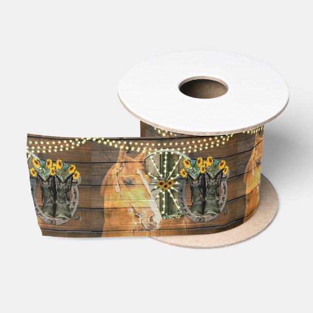 Rustic Horse Sunflowers Wagon Wheel Cowboy Boots Satin Ribbon (Spool)