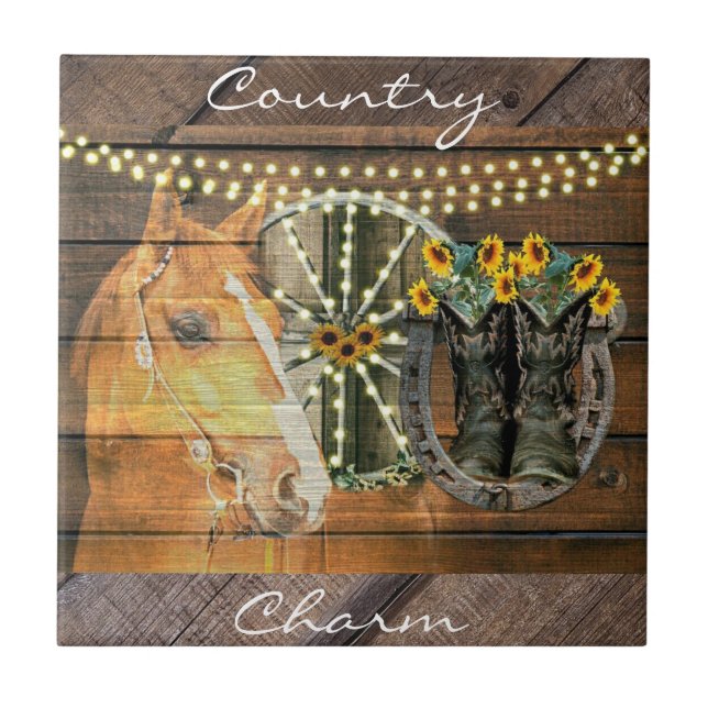 Rustic Horse Sunflowers Wagon Wheel Cowboy Boots Tile (Front)