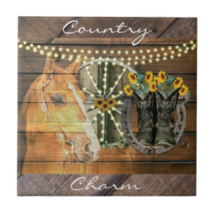 Rustic Horse Sunflowers Wagon Wheel Cowboy Boots Tile