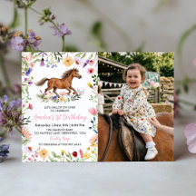 Rustic Horse Wildflower Birthday Photo Invitation