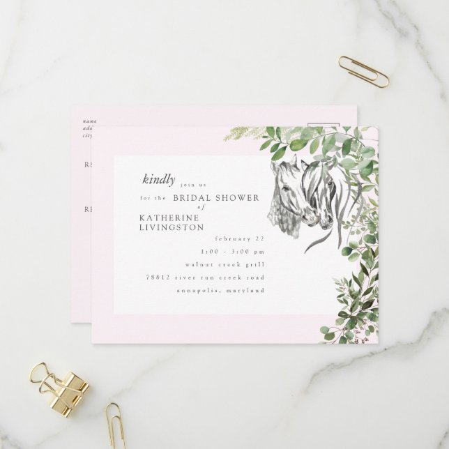 Rustic Horses Nuzzling Pink Bridal Shower   Invitation Postcard (Front/Back In Situ)