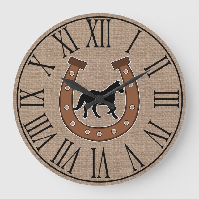 Rustic Horseshoe and Black Horse Faux Burlap Large Clock (Front)
