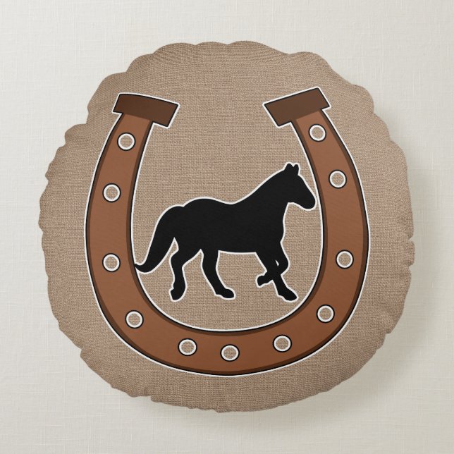 Rustic Horseshoe and Black Horse Faux Burlap Round Pillow (Front)