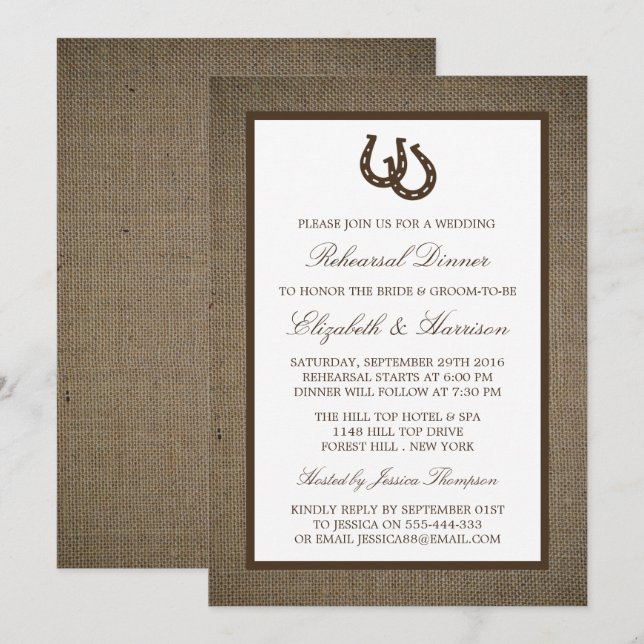 Rustic Horseshoe Branch Burlap Rehearsal Dinner Invitation (Front/Back)