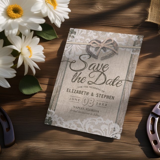 Rustic Horseshoe Burlap Lace Wedding Save The Date (Creator Uploaded)