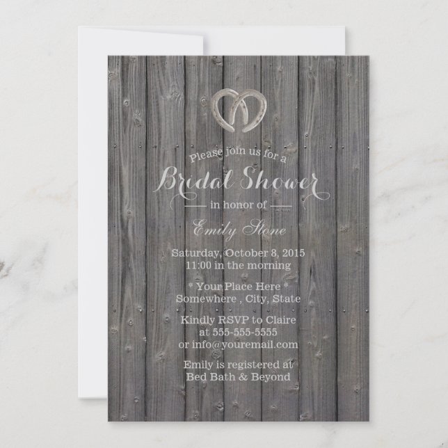 Rustic Horseshoe Heart Barn Wood Bridal Shower Invitation (Front)