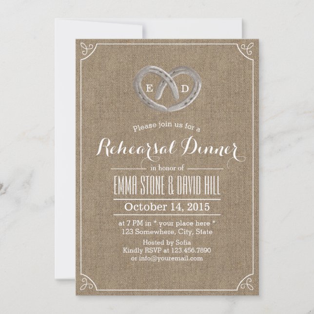 Rustic Horseshoe Heart Burlap Rehearsal Dinner Invitation (Front)