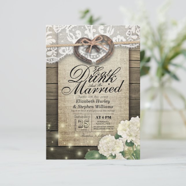 Rustic Horseshoe Lace EAT Drink Be Married Wedding Invitation (Standing Front)