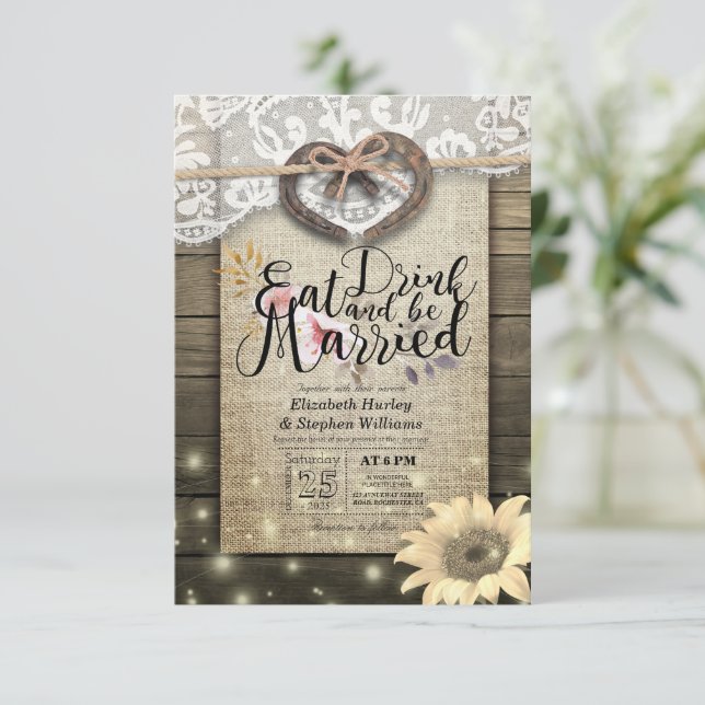 Rustic Horseshoe Lace EAT Drink Be Married Wedding Invitation (Standing Front)