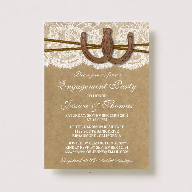Rustic Horseshoe On Kraft & Lace Engagement Invitation (Creator Uploaded)