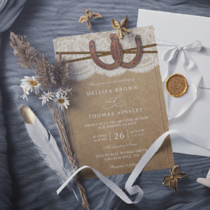 Rustic Horseshoe On Kraft & Lace QR Code Wedding Invitation