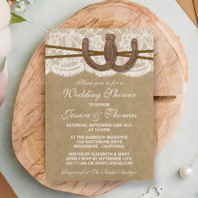 Rustic Horseshoe On Kraft & Lace Wedding Shower Invitation (Creator Uploaded)