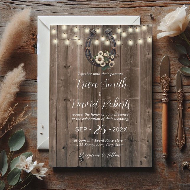 Rustic Horseshoe & String Lights Horse Wedding Invitation (Creator Uploaded)