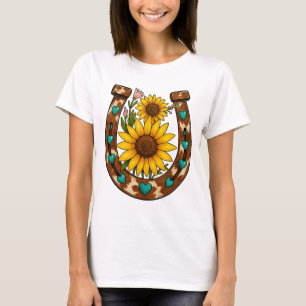 Rustic Horseshoe Sunflowers Country Floral  T-Shirt