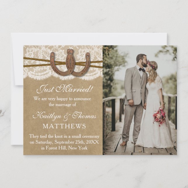 Rustic Horseshoe Wedding Photo Marriage Announcement (Front)