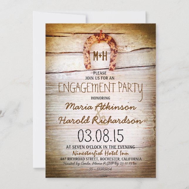 rustic horseshoe wood engagement party invitation (Front)