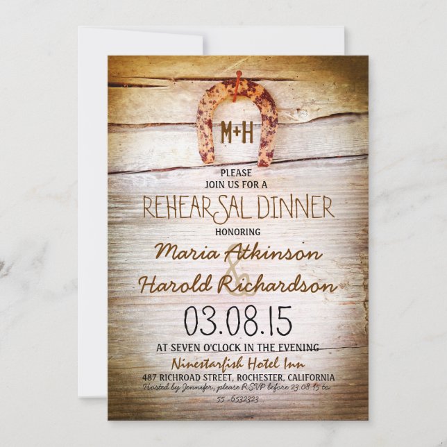 rustic horseshoe wood rehearsal dinner invitation (Front)