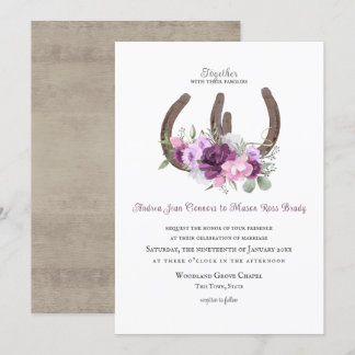 Rustic Horseshoes and Flowers Purple Invitation