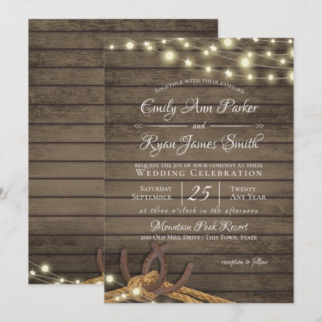 Rustic Horseshoes and Rope Barn Wood and Lights Invitation (Front/Back)