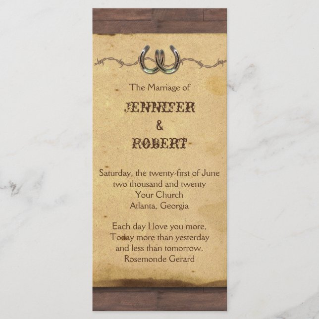 Rustic Horseshoes Barbed Wire Wedding Program (Front)