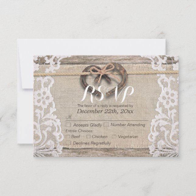 Rustic Horseshoes Burlap Lace Wedding RSVP Reply Card (Front)