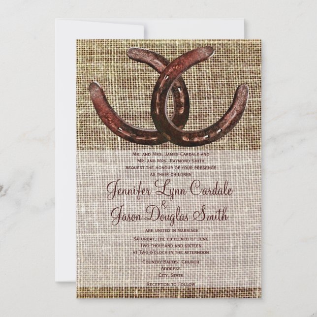 Rustic Horseshoes Burlap Print Wedding Invitations (Front)
