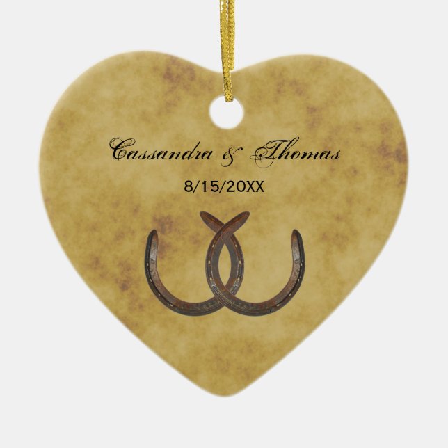 Rustic Horseshoes Distressed BG Ceramic Ornament (Front)