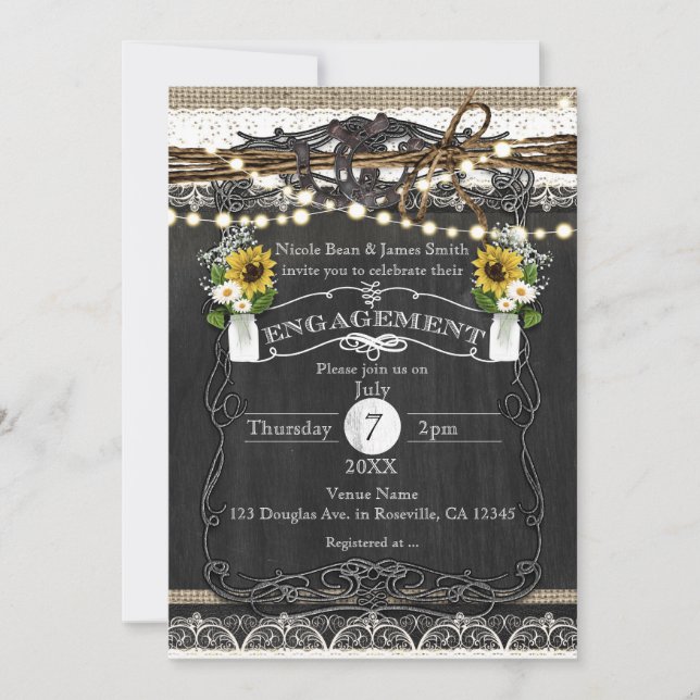 Rustic Horseshoes & Flowers Country ENGAGEMENT Invitation (Front)
