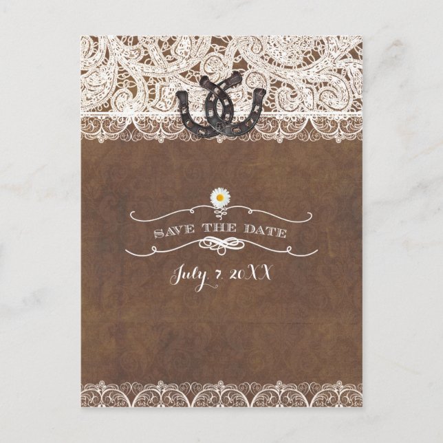 Rustic Horseshoes & Lace Country SAVE THE DATE Announcement Postcard (Front)