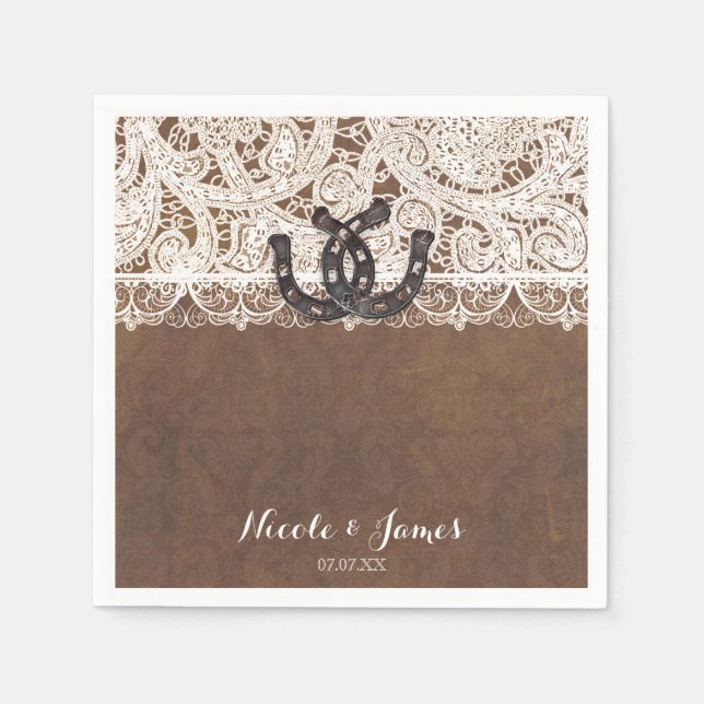 Rustic Horseshoes & Lace Country Wedding Napkins (Front)