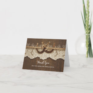 Rustic Horseshoes Lace Wood Wedding Thank You Card