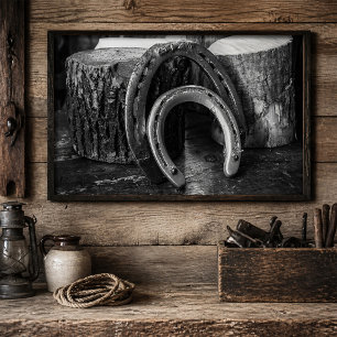 Rustic Horseshoes on Wooden Logs Black and White Poster
