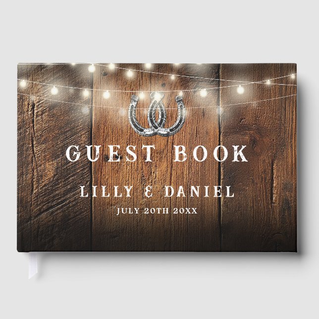 Rustic Horseshoes String Lights Barn Wood Wedding Guest Book (Front)