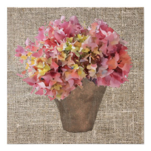 Rustic Hortensia in Vase Flowers on Canvas Poster