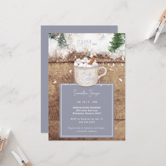 Rustic Hot Chocolate Baby It's Cold Dusty Blue  In Invitation (Front/Back In Situ)