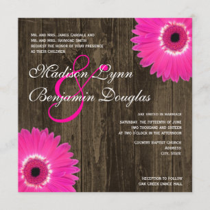 Rustic Hot Pink Daisy Square Wedding Invitations