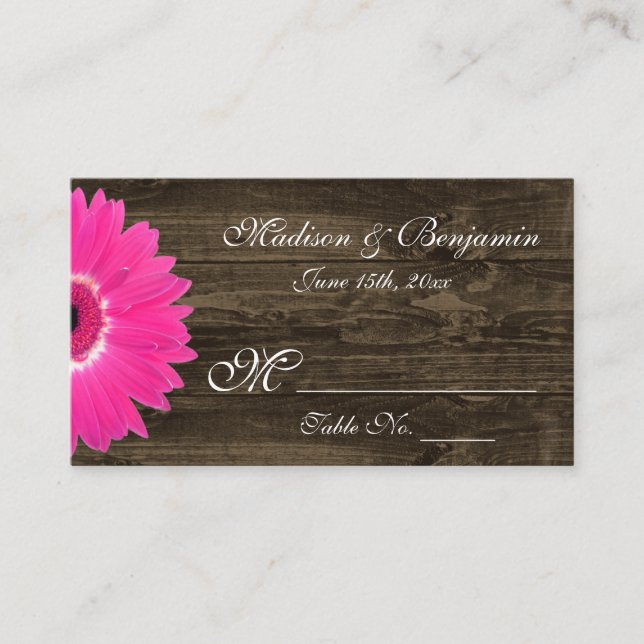 Rustic Hot Pink Gerber Daisy Wedding Place Cards (Front)