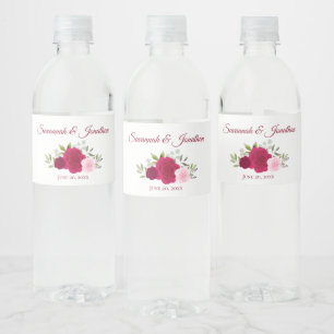 Rustic Hot Pink Magenta & Blush Roses Wedding Water Bottle Label