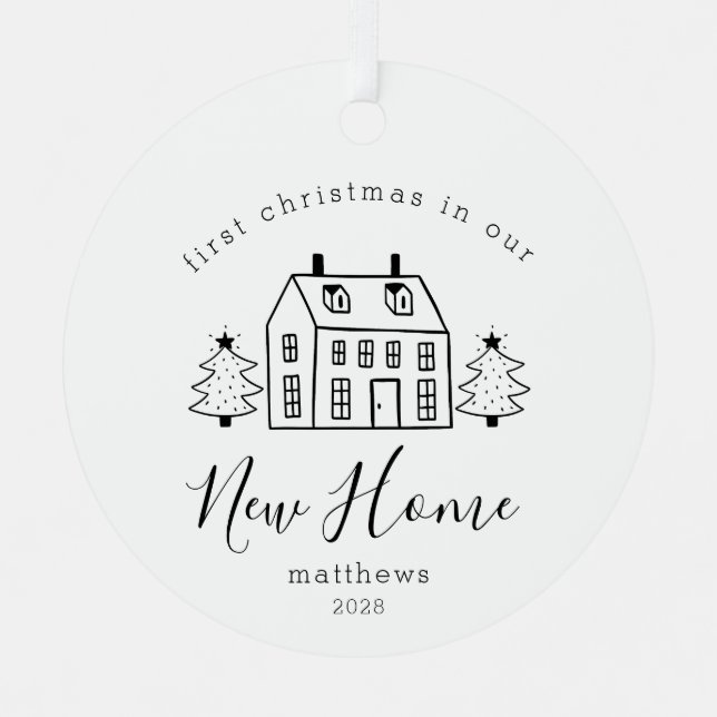 Rustic House and Trees First Christmas New Home  O Metal Ornament (Front)