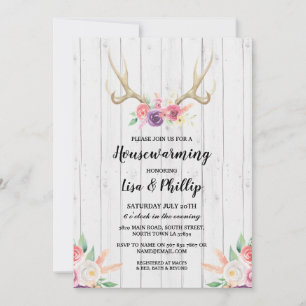Rustic Housewarming Party Antler Floral Invite