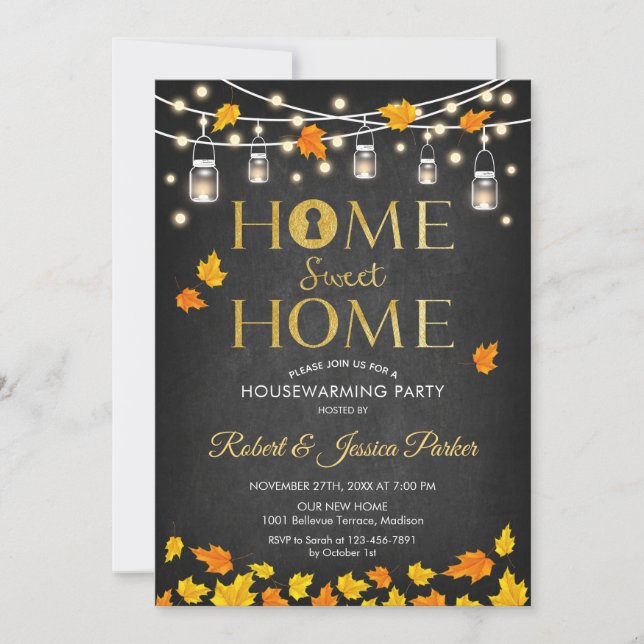 Rustic Housewarming Party - Chalkboard Fall Leaves Invitation (Front)