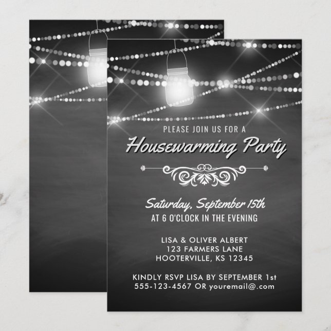 Rustic Housewarming Party Chalkboard Lights Invitation (Front/Back)
